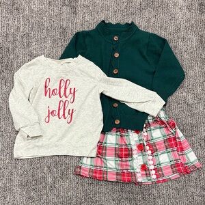 Festive Green Cardigan and Plaid Skirt Set